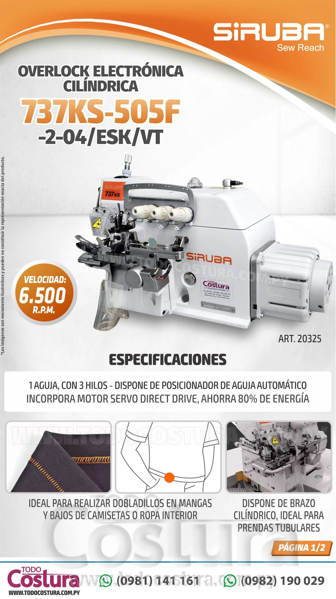 OVERLOCK (ELECT. CILINDRICA - P/ RUEDO INVISIBLE) SIRUBA 737KS-505F-2-04/ESK/VT (MOTOR INCORPORADO)